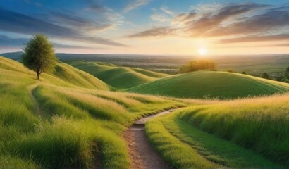 Fototapeta premium Panoramic natural landscape with green grass field, blue sky with clouds and mountains in background.