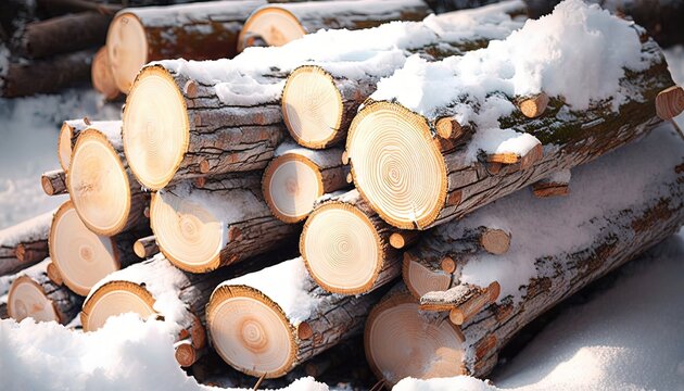 Pile freshly cut birch timber covered snow winter wood rural timbering industry log material resource forest tree supply environment hardwood woodpile damage nature horizontal cold glac