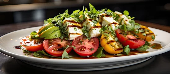 Rollo In a bright white kitchen, a delicious and healthy appetizer is being prepared - an enticing salad featuring green leafy vegetables, vibrant red tomatoes, white cheese, and fresh fruit, complemented © 2rogan