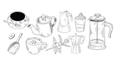 barista coffee set handdrawn illustration engraving