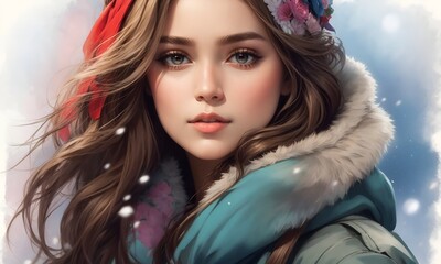 Naklejka premium Beautiful Woman Illustration Colorful Digital Painting Landscape Postcard Artwork Banner Website Flyer Ads Gift Card Template