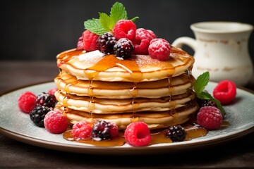 stack of fluffy pancakes dripping with maple syrup and topped with fresh blueberries, raspberries, and strawberries. The pancakes are golden brown