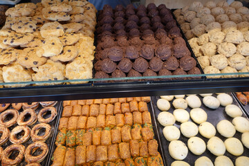 Mix of sweet cookies at bakery shop 
