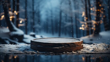 Round Empty Stone  in The Middle of Snow Forest for Mockup or Display Product. Defocus Background.