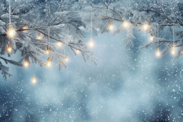 冬の雪降る森にあるイルミネーションで飾られたツリー・クリスマスカードのテンプレート	