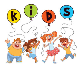Children holding balloons with the word Kids. Colorful cartoon characters. Funny vector illustration. Isolated on white background