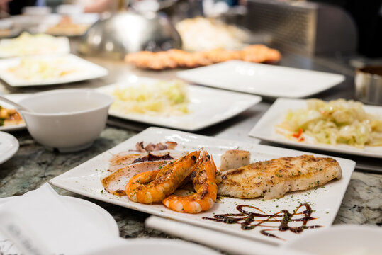 Seafood teppanyaki with fish shrimp and squid