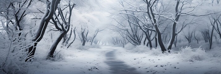 the dark path with trees covered in frost surrounded by snow, generative AI - obrazy, fototapety, plakaty
