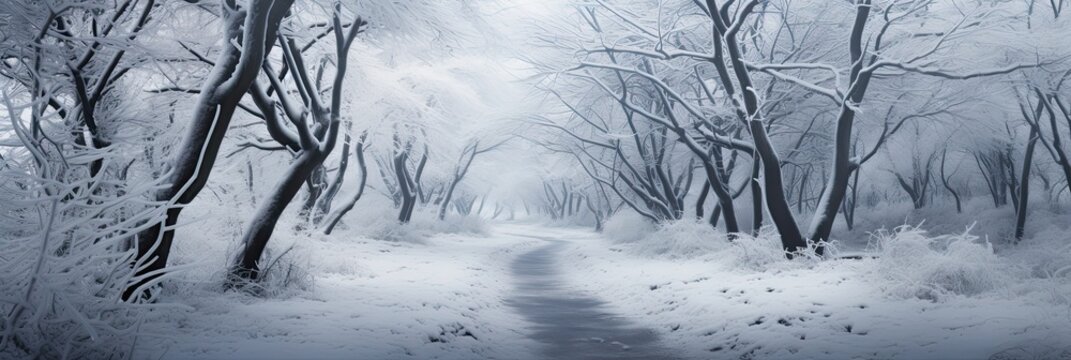 the dark path with trees covered in frost surrounded by snow, generative AI