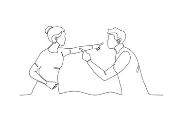 Single continuous line drawing of a couple fighting in a public place. One line draw graphic design vector illustration
