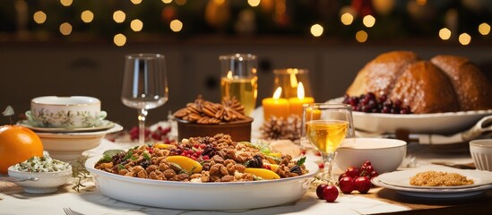 During Christmas dinner, the family gathered around the white tablecloth, indulging in a spread of delicious food baked desserts, roasted cinnamon walnuts, and yellow custard with a hint of tradition