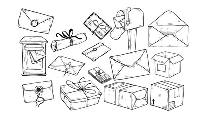 mailbox set handdrawn illustration engraving