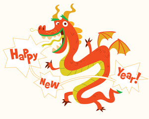 Dragon year. Happy New Year. Colorful cartoon character. Funny vector illustration. Isolated on white background