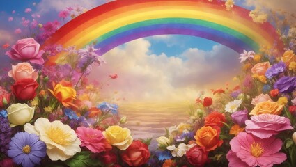 Rainbow Blessed Flowers Colorful Flower Background Illustration Postcard Digital Artwork Banner Website Flyer Ads Gift Card Template