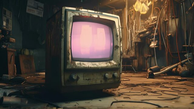 A worn television featuring a spinning binary clock embedded within a collage of cyberpunk graffiti.