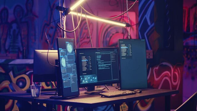 Computer screens with hacking script running in hidden underground HQ. PC monitors in neon lit empty warehouse used by hackers to escape from being arrested by law enforcement