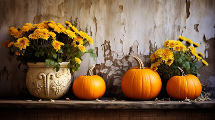 Autumn pumpkins and flowers in the rustic style