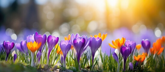 In the midst of a vibrant garden, the first flowers of spring, the crocuses, danced gracefully among green foliage, their colorful blossoms a beautiful display of nature's floral symphony.