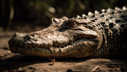 Obraz premium Crocodile resting in wet swamp, danger lurking in nature heat generated by AI