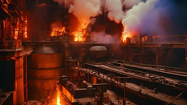 Closeup blast furnace steel mill, with intense heat fire being used melt purify iron into molten metal.