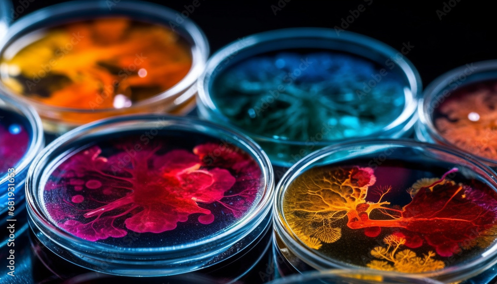 Poster multi colored bacterium on a leaf in a wet close up generated by ai