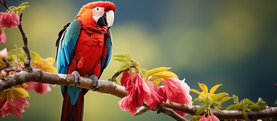 In the heart of the dense jungle, a stunning family tree of birds flourished, with a vibrant red macaw perched on a sturdy branch, its electric blue wings contrasting against its scarlet tail. Nearby