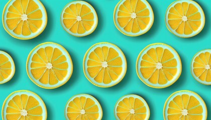 Lemon slices pattern vibrant turquoise color background Minimal fl lay food texture fruit citrous flat juicy yellow slice colours pastel minimalist summer creative design up high overhead abstract