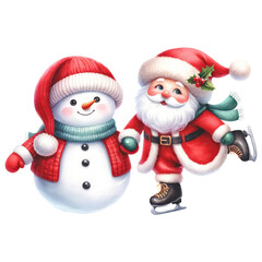 Cute Christmas Santa Claus ice skating and Snowman, Watercolor, Isolated on Transparent Background. Generative AI