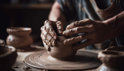Craftsperson turning clay on pottery wheel, molding homemade vase shape generated by AI - obrazy, fototapety, plakaty