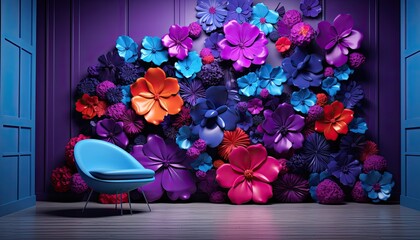 Room with armchair and wall of huge colorful artificial 3d flowers, backdrop for photo or digital overlay
