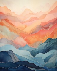 Abstract watercolor landscape with layered hills in shades of blue and a warm-toned sky, ideal for...