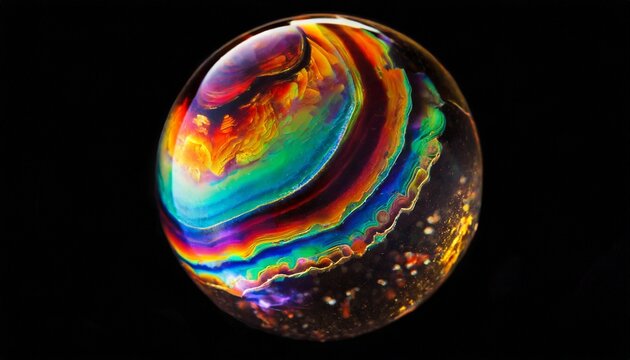 3D abstract colorful round glass marble on a dark isolated background