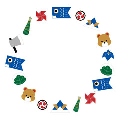 子どもの日　色々なアイコンの丸フレーム／白背景