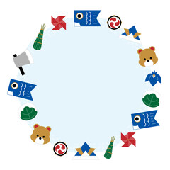 子どもの日　色々なアイコンの丸フレーム／水色背景