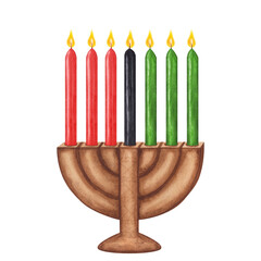 Kinara, seven burning candles, red black green. Kwanzaa African-American holiday. Hand drawn watercolor illustration isolated background. Design element for postcard, poster, fabric