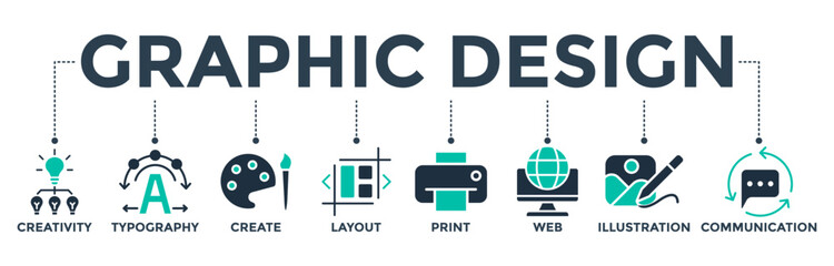 Graphic design banner web icon concept with icons of creativity, typography, create, layout, print, web, illustration, and communication. Vector illustration  - obrazy, fototapety, plakaty