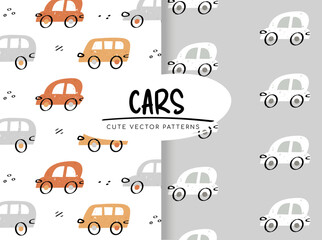 Seamless patterns with doodle cars and road signs. Fabric print for children,digital paper