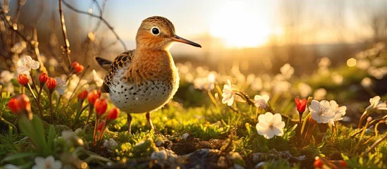 Fototapeten In the springtime, amidst the vibrant flower meadows of the Country, a wading bird known as the Black-tailed godwit, or Grutto in Dutch, gracefully walks through the colorful fields of Avifauna © 2rogan