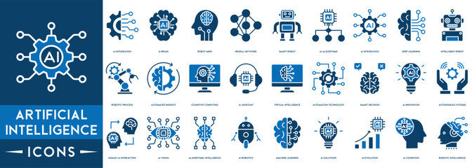Artificial Intelligence line icons set. AI icons includes machine learning, AI Assistant, Virtual Intelligence, Automation Technology, AI technology, future, robots. - obrazy, fototapety, plakaty