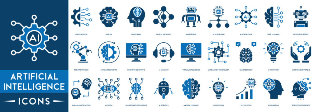 Artificial Intelligence Line Icons Set. AI Icons Includes Machine Learning, AI Assistant, Virtual Intelligence, Automation Technology, AI Technology, Future, Robots.