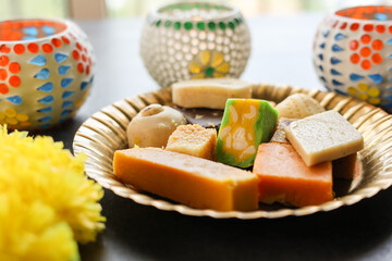 Diwali sweets Gujiya barfi Motichoor Laddu Rasmalai Indian sweet dessert mithai festival dish Dussehra Holi ganesh chaturthi Ram navami Durga puja durga ashtami Navratri Mumbai Kerala India Sri Lanka