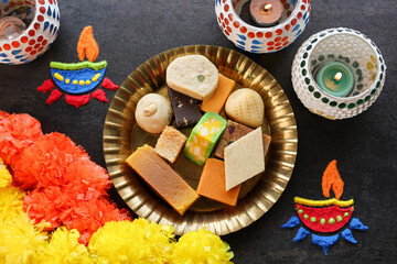 Diwali sweets Gujiya barfi Motichoor Laddu Rasmalai Indian sweet dessert mithai festival dish Dussehra Holi ganesh chaturthi Ram navami Durga puja durga ashtami Navratri Mumbai Kerala India Sri Lanka - obrazy, fototapety, plakaty