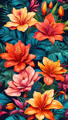 Tropical Garden Colorful Illustration Floral Drawing Background Postcard Digital Artwork Banner Website Flyer Ads Gift Card Template