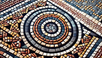 Colorful small tiles ancient floor mosaic geometric ornament background colourful texture interior pattern old historical antique abstract vintage decor ceramic art architectural decorative shape