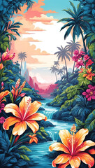 Tropical Garden Colorful Illustration Floral Drawing Background Postcard Digital Artwork Banner Website Flyer Ads Gift Card Template