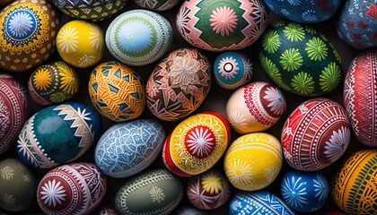 Fototapeta na wymiar Colorful pile decorated easter eggs full frame background egg colourful texture ornament decorative various different colours seasonal paint celebration many painted design group holiday