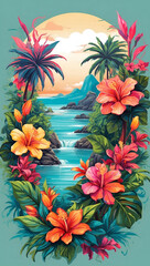 Tropical Garden Colorful Illustration Floral Drawing Background Postcard Digital Artwork Banner Website Flyer Ads Gift Card Template