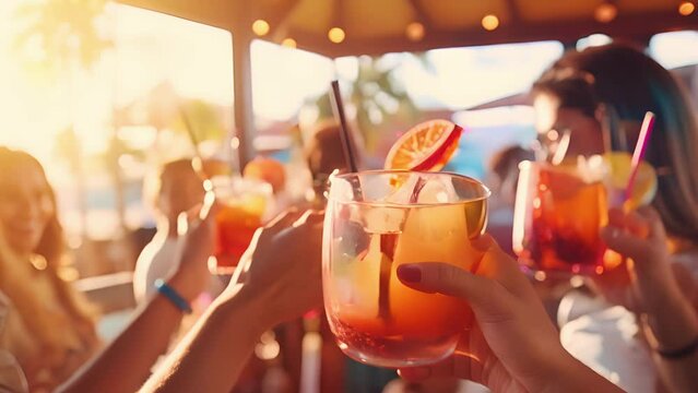 Closeup of a group of friends gathered around the bar, laughing and toasting their colorful drinks in celebration of their beach vacation.
