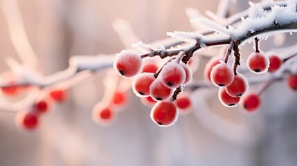 Frost-kissed red berries on a branch in a winter wonderland