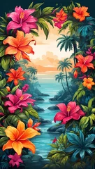Tuinposter Tropical Garden Colorful Illustration Floral Drawing Background Postcard Digital Artwork Banner Website Flyer Ads Gift Card Template © amonallday